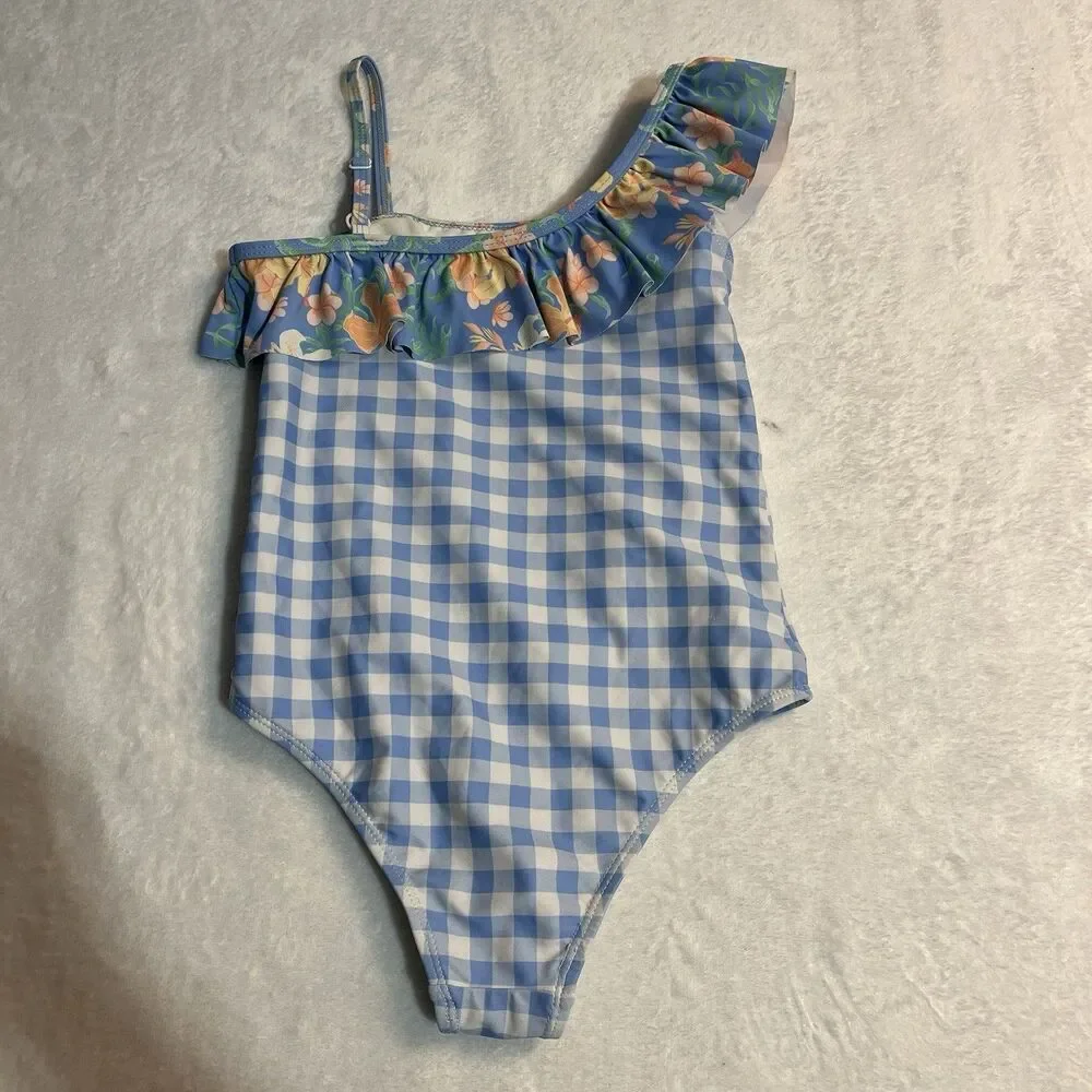 Tommy Bahama‎ Bathing Suit Girls Size 7 One Piece Floral Plaid Ruffles Swim Suit